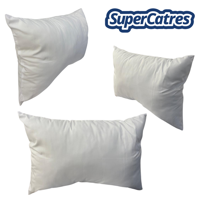 Varias vistas de almohada básica blanca para catres, camas o literas.
