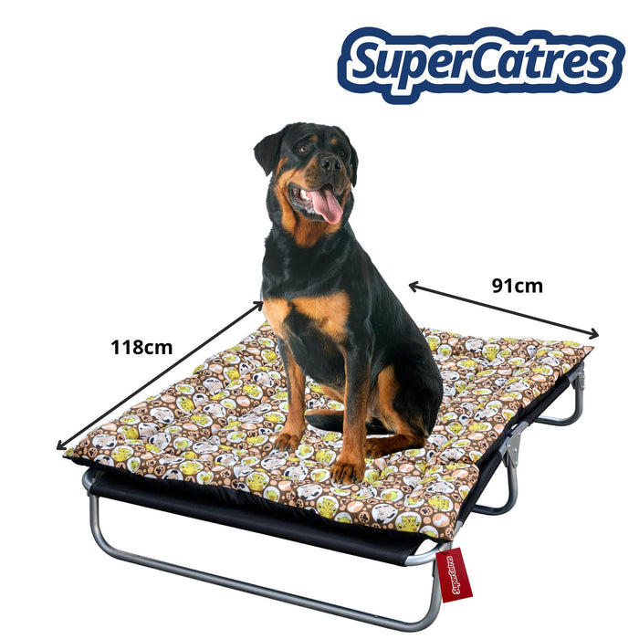 Catre Extra Grande para Mascotas con medidas detalladas y diseño plegable.