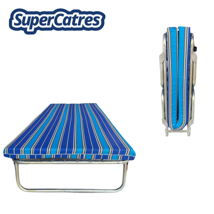 Catre de 4 patas con colchoneta de 8 cm en diseño ergonómico y cómodo. Estructura metálica resistente y fácil de plegar.