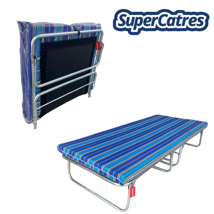 Catre de 4 patas con colchoneta de 8 cm desplegado y plegado, mostrando dimensiones de 180x80 cm. Diseño compacto y fácil de almacenar.