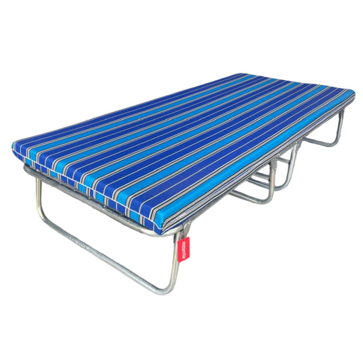 Catre de 4 patas plegable con colchoneta de 8 cm de Super Catres en color azul a rayas. Ideal para espacios reducidos y uso temporal