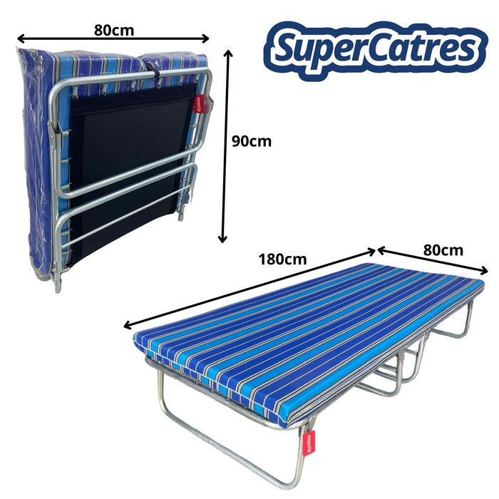 Catre plegable de 4 patas con colchoneta azul a rayas de Super Catres. Ideal para descanso temporal o uso en espacios reducidos.