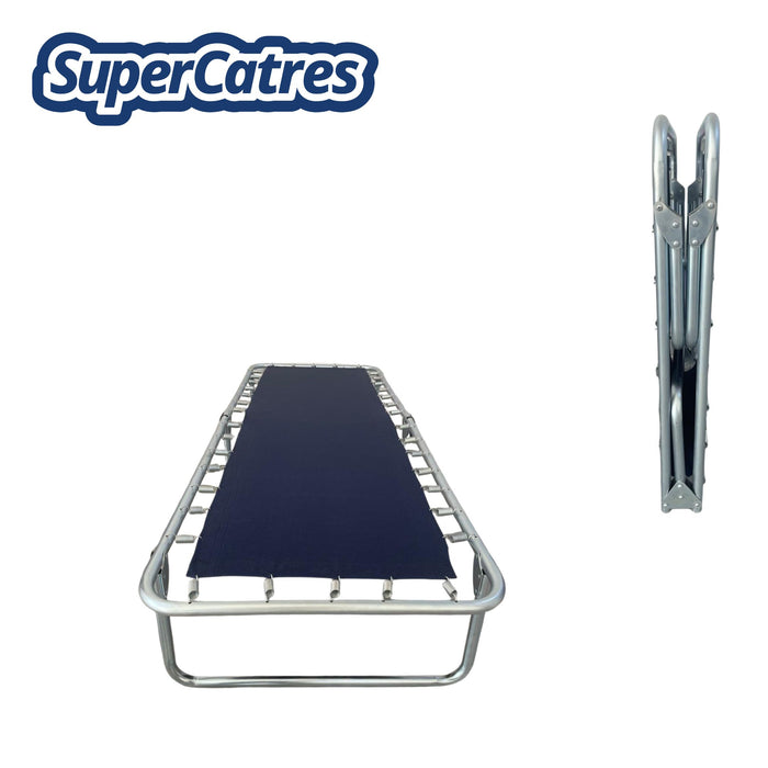 Catre de lona reforzado plegable, vista frontal y lateral con estructura resistente.