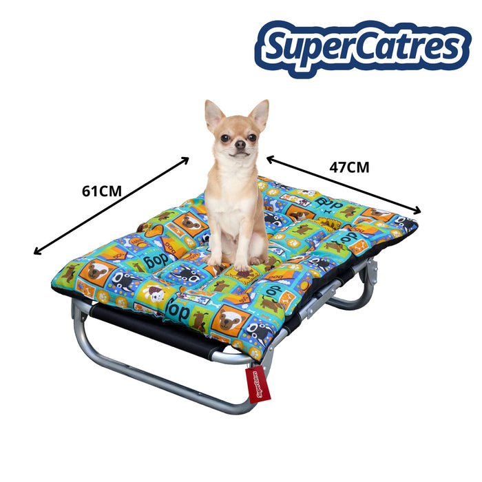 Catre Pequeño para Mascotas con medidas detalladas y diseño plegable.