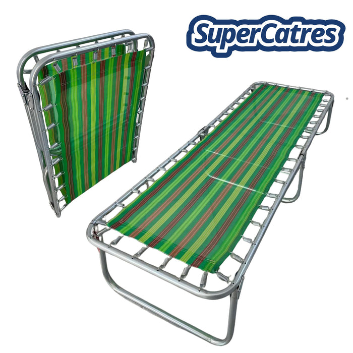 Catre Plegable Clásico de Lona Plástica SuperCatres plegado y desplegado con logotipo de SuperCatres