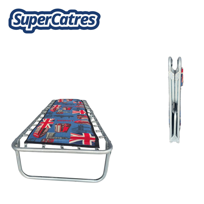 Catre plegable con colchoneta integrada y marca SuperCatres - práctico y compacto.