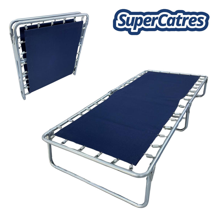 Catre plegable de lona con estructura reforzada, ideal para descanso.