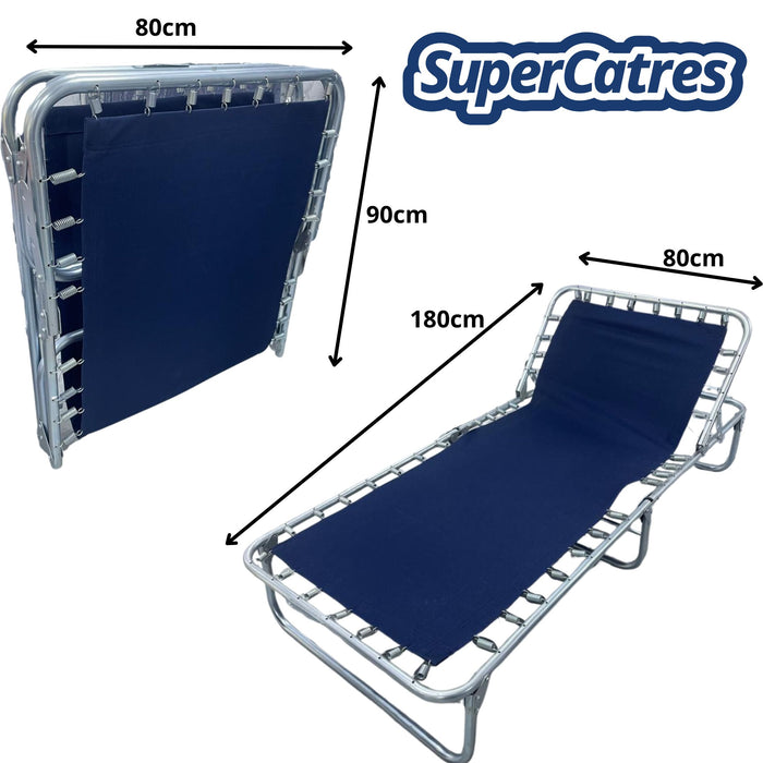 Catre plegable con lona resistente y estructura metálica reforzada.
