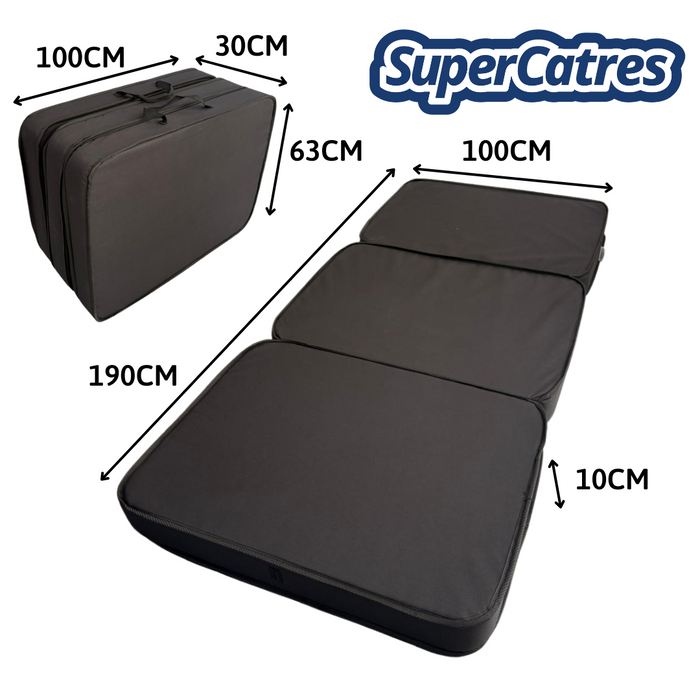 Colchón plegable individual con medidas extendidas y compactas para transporte.
